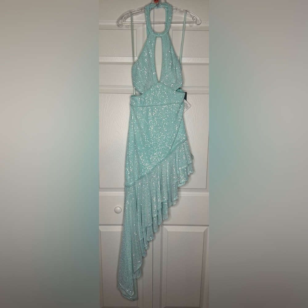 Mac Duggal NWT Blue Sequined Halter Ruffle Asymmetrical Dress Style #A11274 - Picture 10 of 12